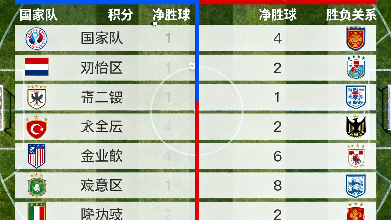 2026世界杯亚洲区预选赛小组积分榜的视觉化展示，多支国家队队徽排列在表格中，背景是足球场的鸟瞰画面，用不同颜色标注出线区和淘汰区的分界线
